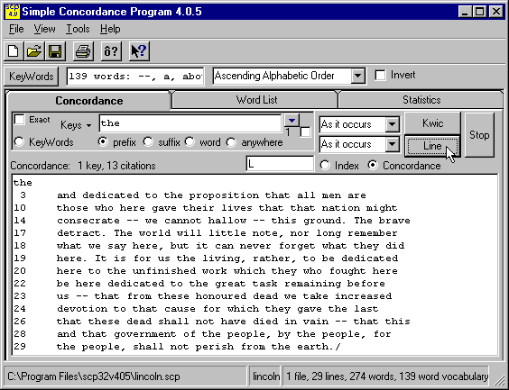 Line based concordance of 'the'