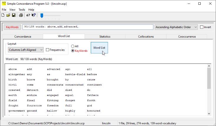 The KeyWords without their frequencies